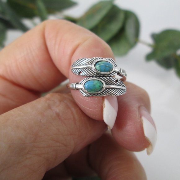 Native Sterling FEATHER Ring>925 Silver Turquoise Feather Ring,Feather Wrap ring - Picture 1 of 6